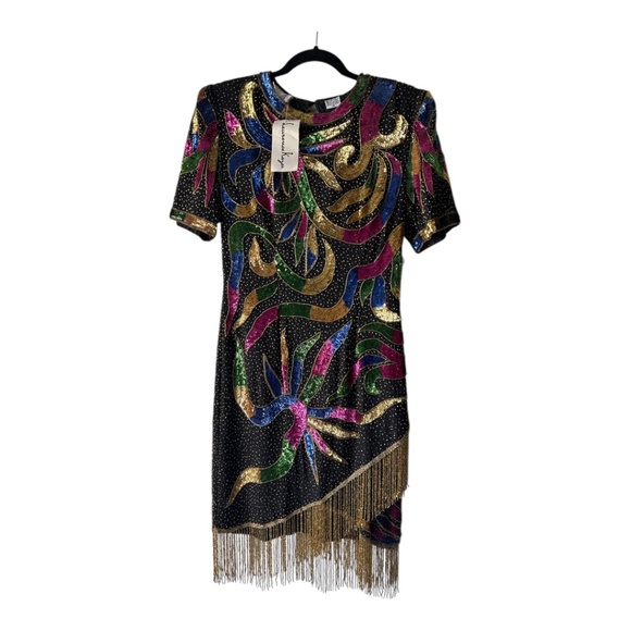 Lawrence Kazan Dresses & Skirts - Vintage Lawrence Kazar 80s Silk Dress Sequin Fringe Brand new with tags